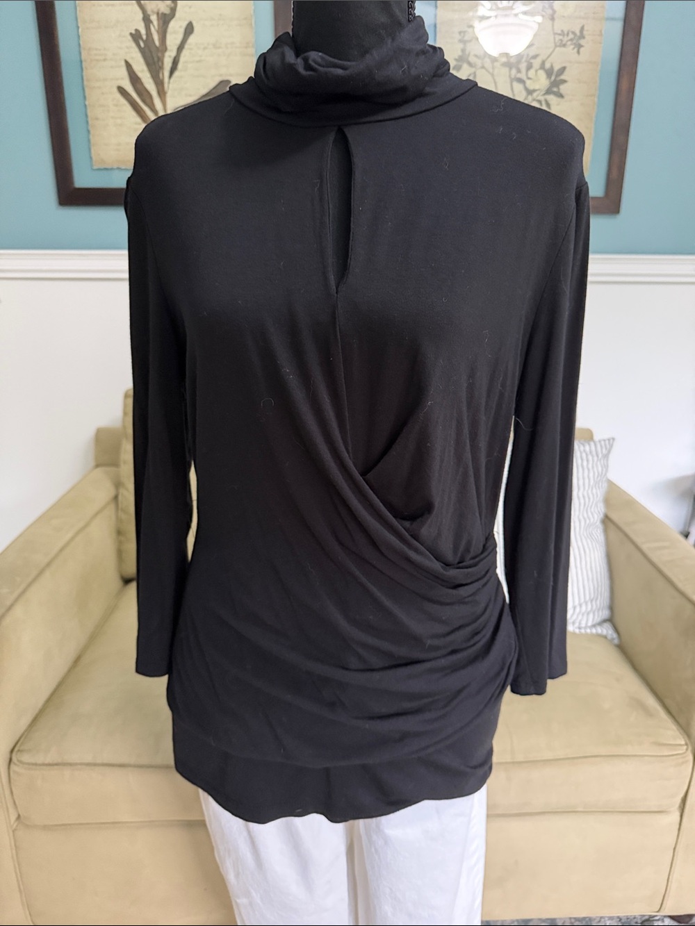 New York & Company Black Draped Long-Sleeve Turtleneck with Front Slit